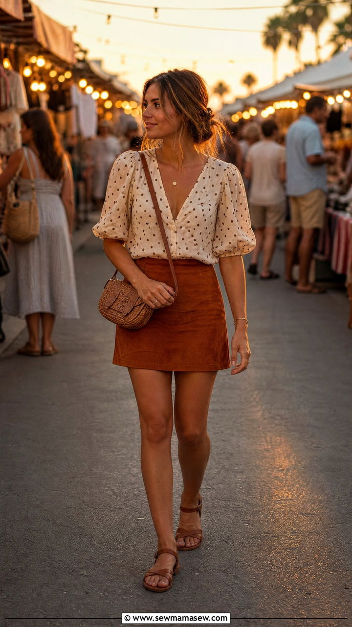 Suede Mini Skirt And Polka Dot Blouse - 30 summer vintage outfit ideas
