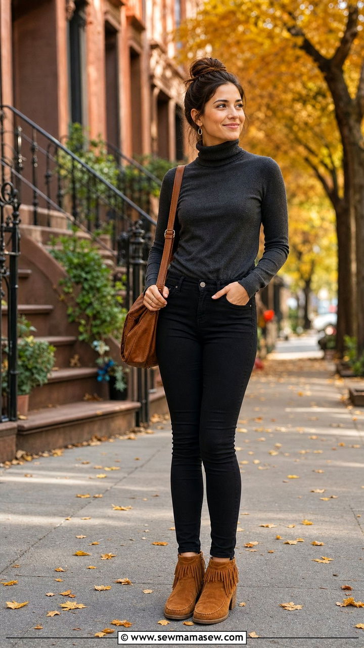 Suede Moccasin Boots With Black Jeans Boho Look - 35 boho chic outfits ideas