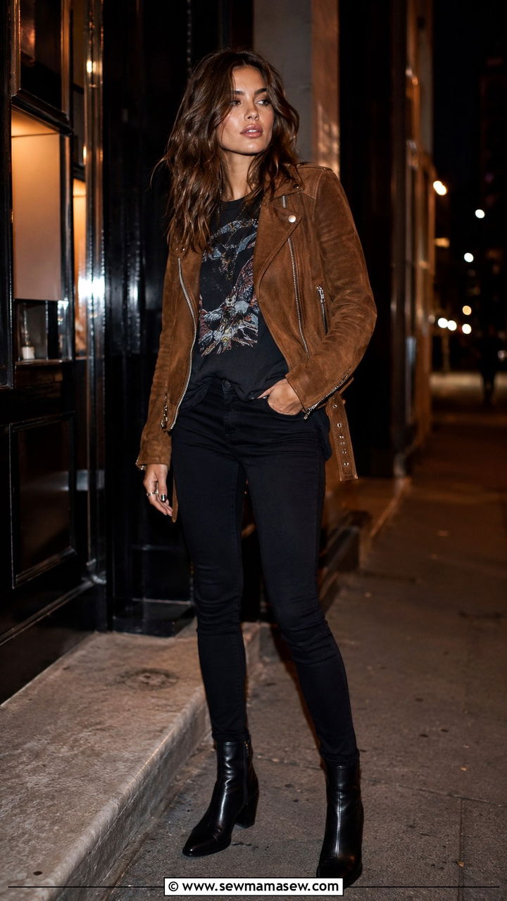 Suede Moto Jacket With A Graphic Tee And Black Skinnies - 30 Trendy outfits for women over 40