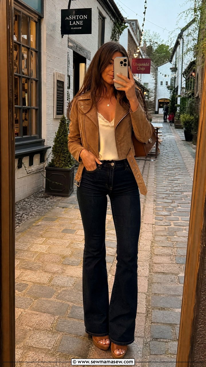 Suede Moto Jacket and Bootcut Jeans With Wedge Heels - 25 Glasgow outfit ideas