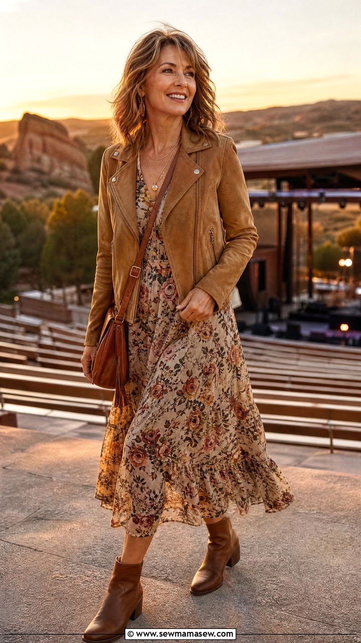 Suede Moto Jacket with a Flowy Floral Dress - 30 Concert outfits for women over 50