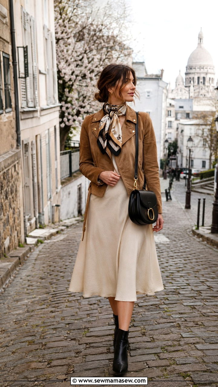 Suede Moto Jacket with a Midi Skirt and Ankle Boots - 30 spring paris trip outfit ideas