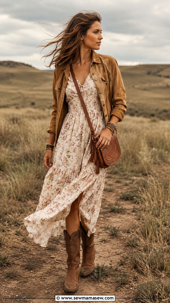 Suede Overshirt With Cotton Sundress And Cowboy Boots - 25 windy day outfits aesthetic