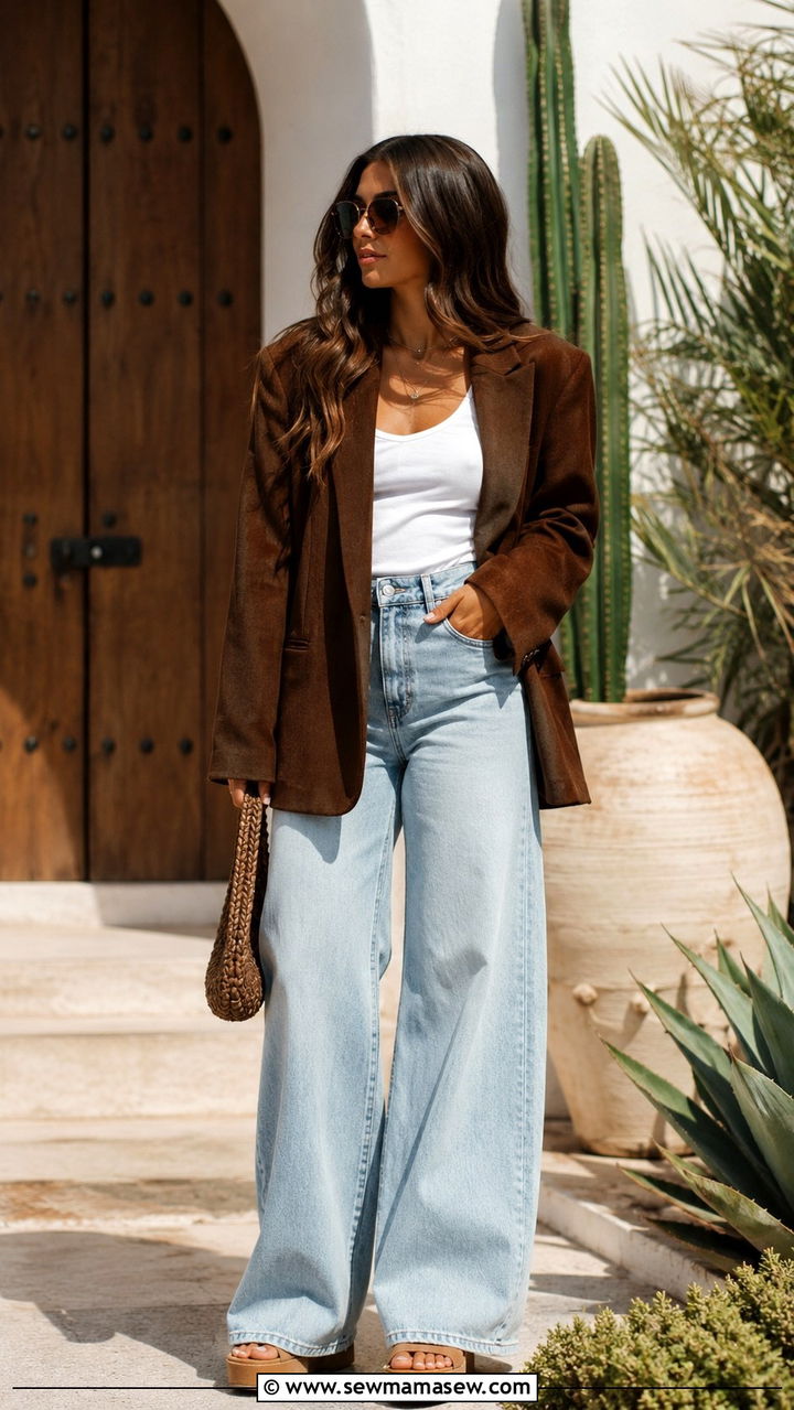 Suede Oversized Blazer and Wide Leg Jeans - 30 Oversized blazer outfit ideas with jeans