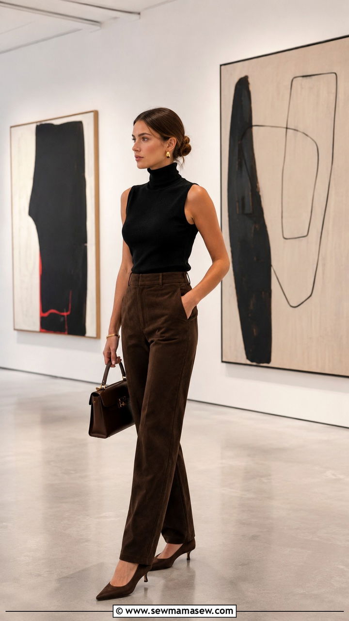 Suede Pants With Sleeveless Turtleneck and Kitten Heels - 25 Old money outfit ideas with kitten heels