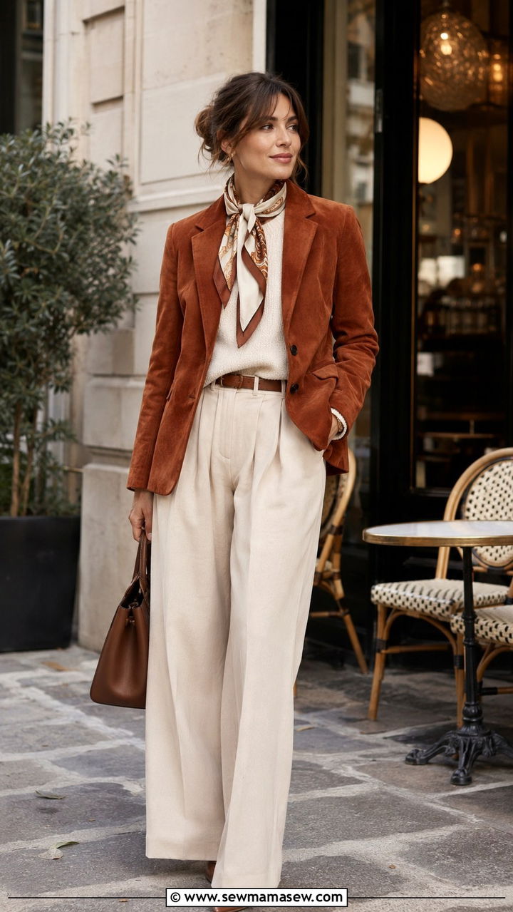 Suede Rust Blazer With Cream Wide Leg Trousers - 25 Old money outfit ideas with blazer