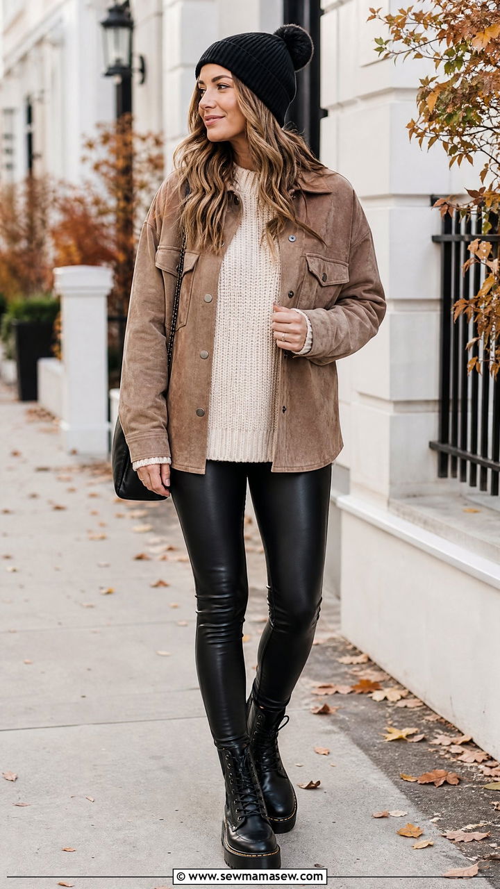 Suede Shacket Outfit With Sweater And Leggings - 30 Suede jacket outfit ideas