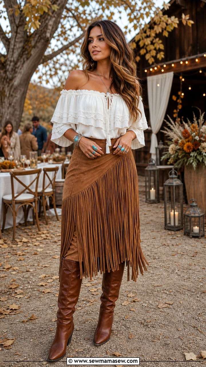 Suede Skirt With Ruffled Blouse - 40 boho chic outfits 2026