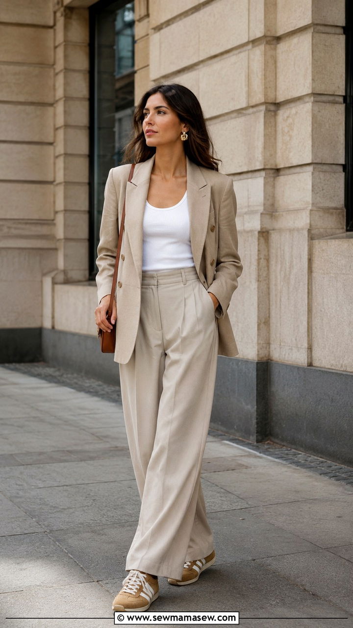 Suede Sneakers with Blazer and Tailored Trousers Outfit - 20 sneaker outfits 2026