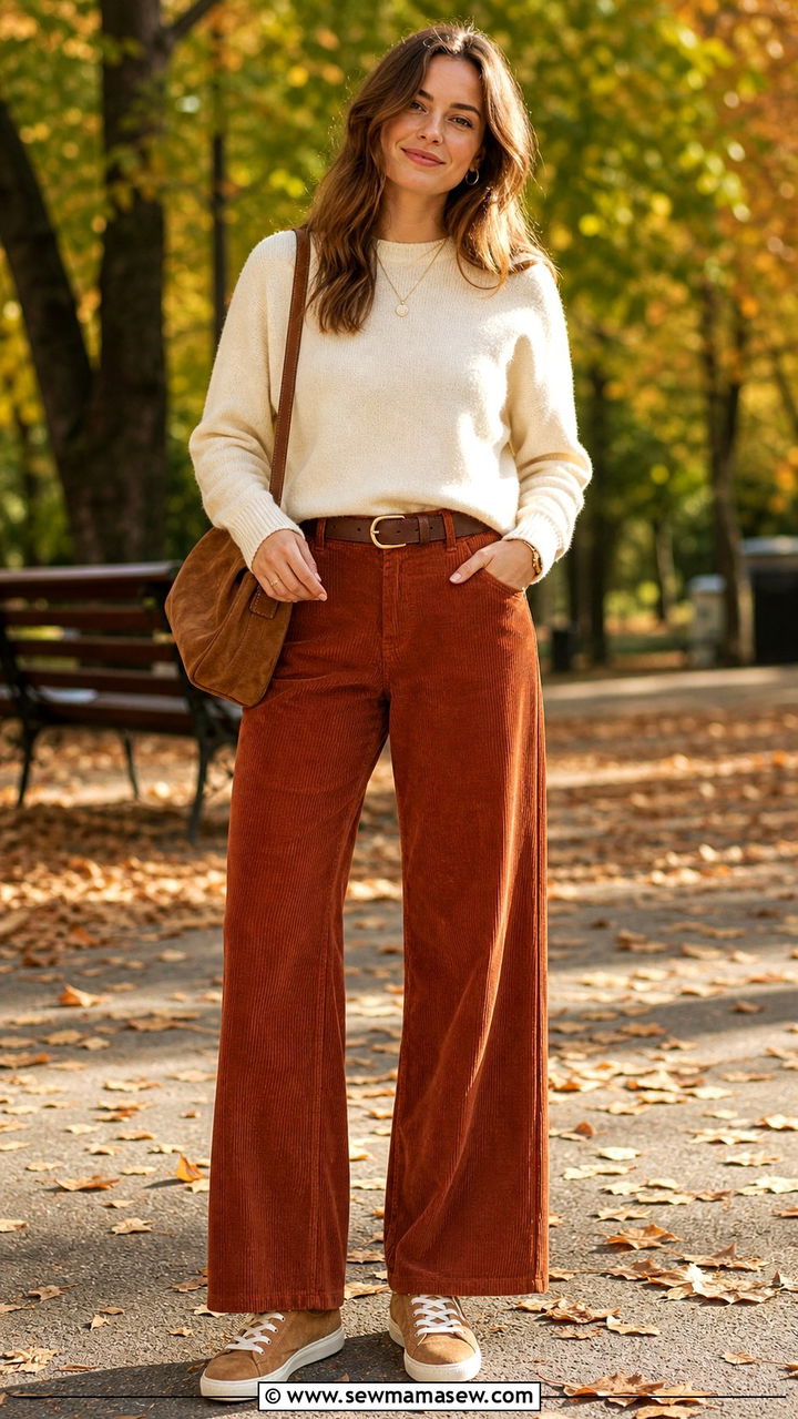 Suede Sneakers with Corduroy Pants and Sweater - 40 casual sneaker outfits