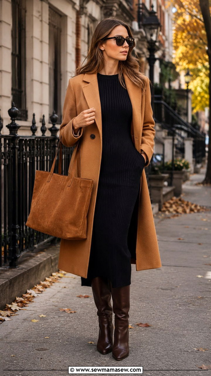 Suede Tote Bag With Knit Dress - 20 Tote bag outfit ideas 2026