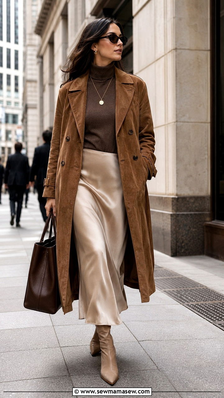 Suede Trench Coat And Slip Skirt Outfit - 25 boho chic capsule wardrobe outfits