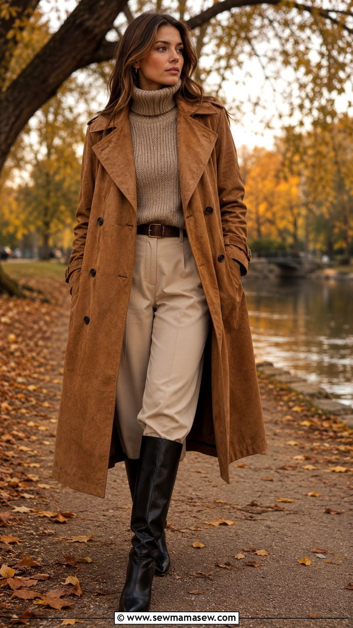 Suede Trench Coat With Knee High Leather Boots - 30 Long trench coat outfit ideas with boots