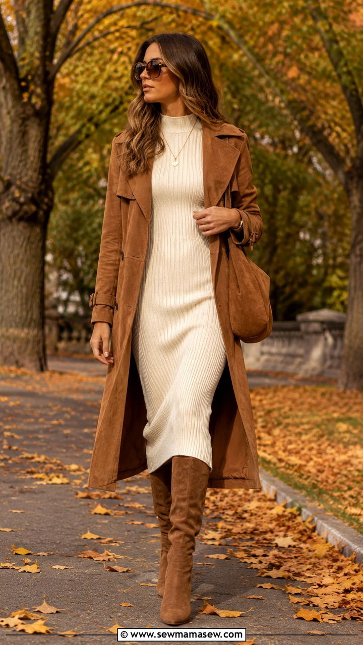 Suede Trench Coat With Knit Dress and Boots - 30 chic trench coat outfit ideas