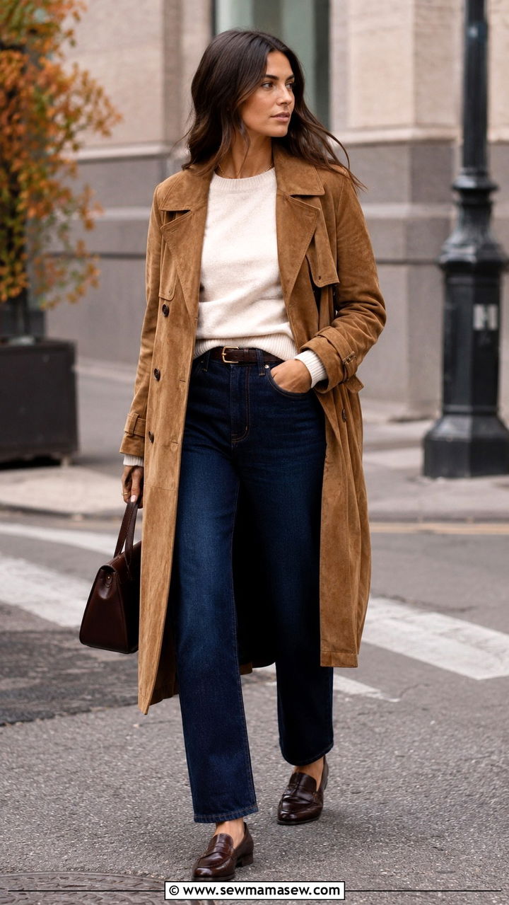 Suede Trench Coat With Straight Leg Jeans And Loafers - 30 Quiet luxury outfit ideas with jeans