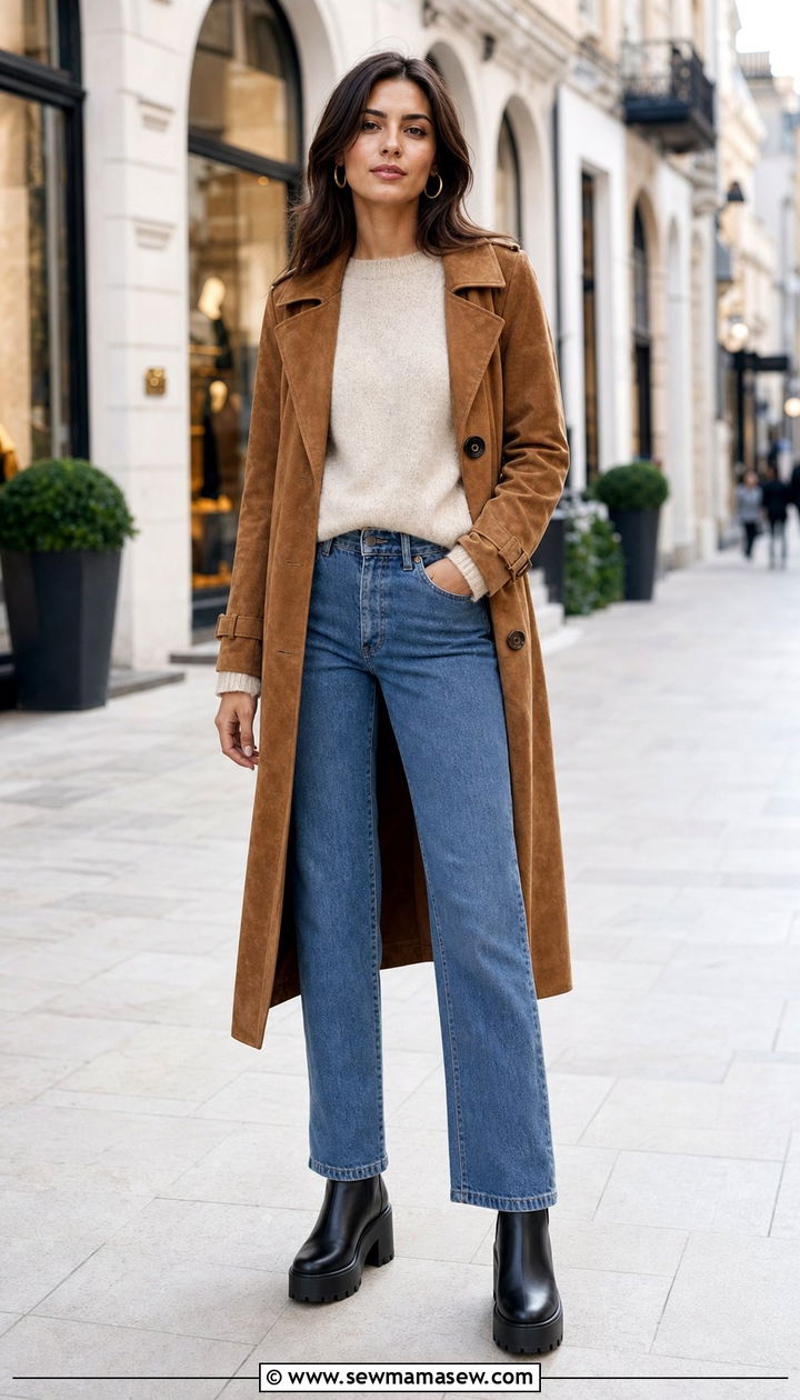 Suede Trench Coat With Straight Leg Jeans And Platform Boots - 25 Straight leg jeans outfit ideas with a trench coat