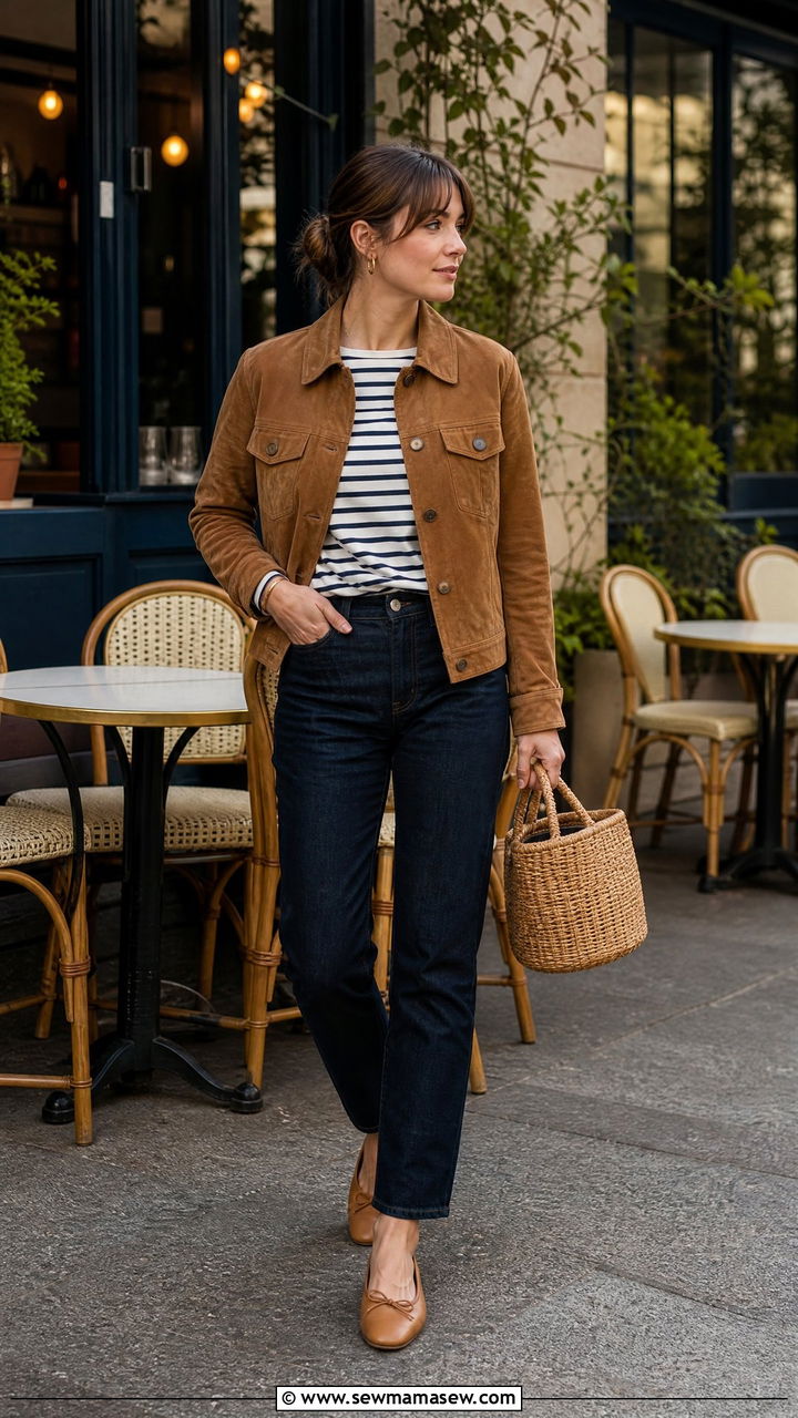 Suede Trucker Jacket Outfit With Striped Breton Top - 30 Suede jacket outfit ideas