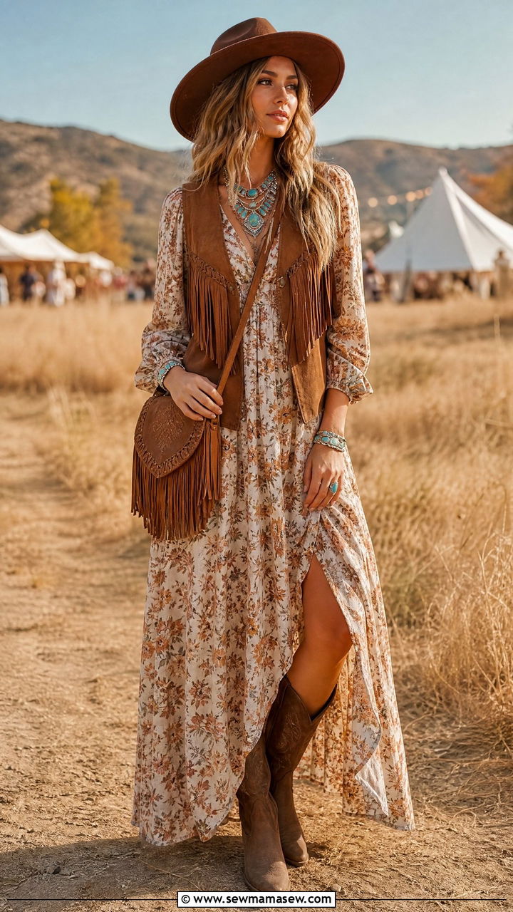 Suede Vest Over Maxi Dress With Cowboy Boots - 35 Modern boho outfit ideas