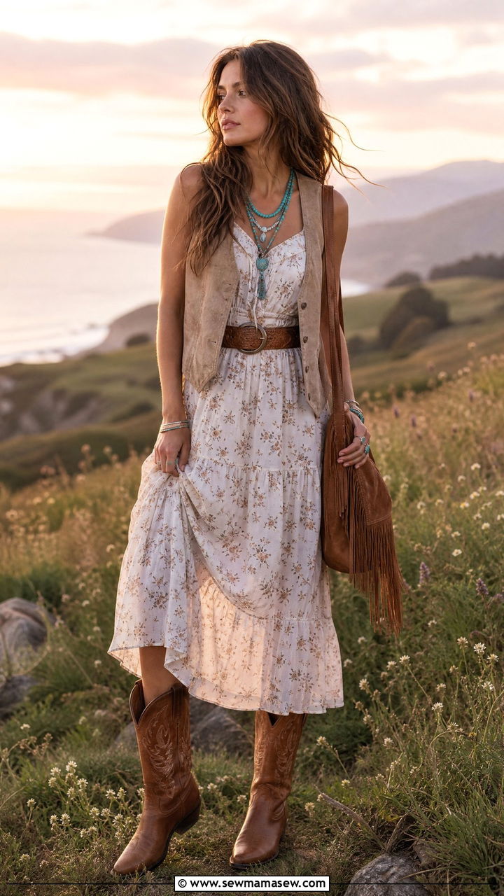 Suede Vest Over Prairie Dress With Boots - 25 casual coastal cowgirl outfits