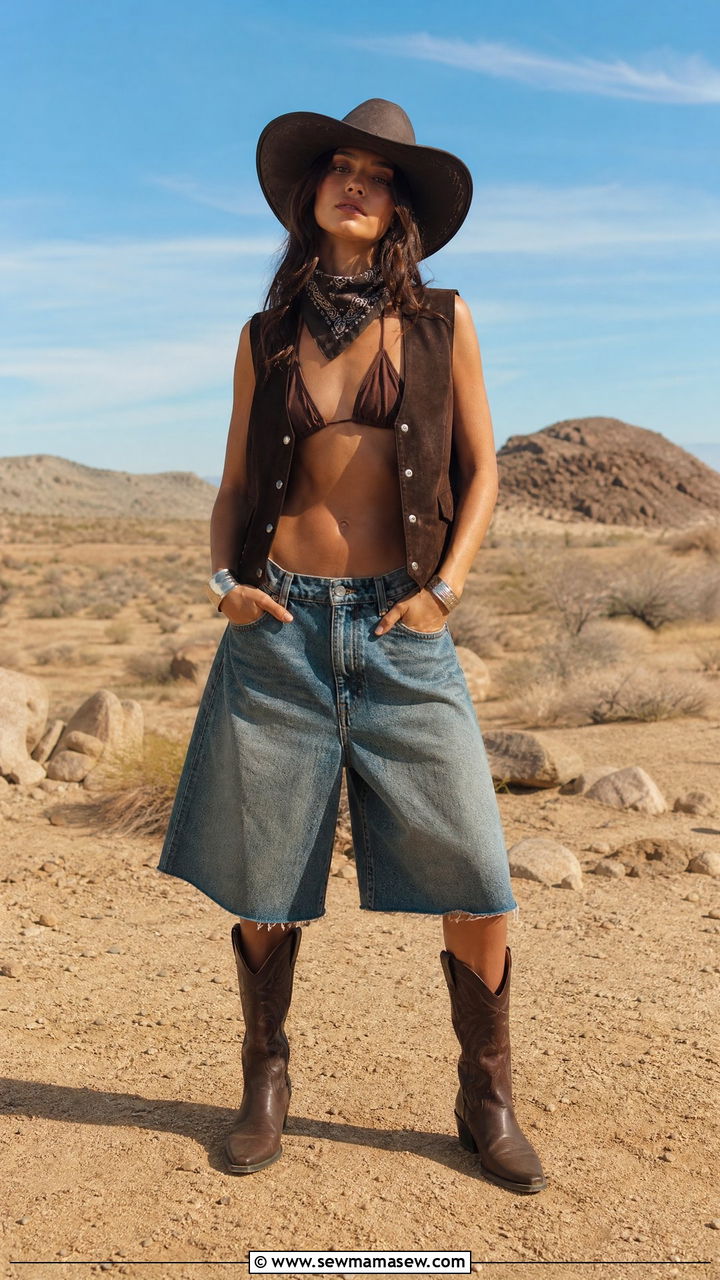 Suede Vest With Baggy Jorts And A Cowboy Hat - 20 Coachella outfits 2026