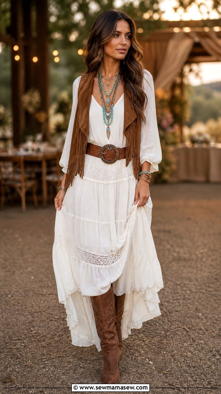 Suede Vest With Flowy Maxi Dress - 40 boho chic outfits 2026
