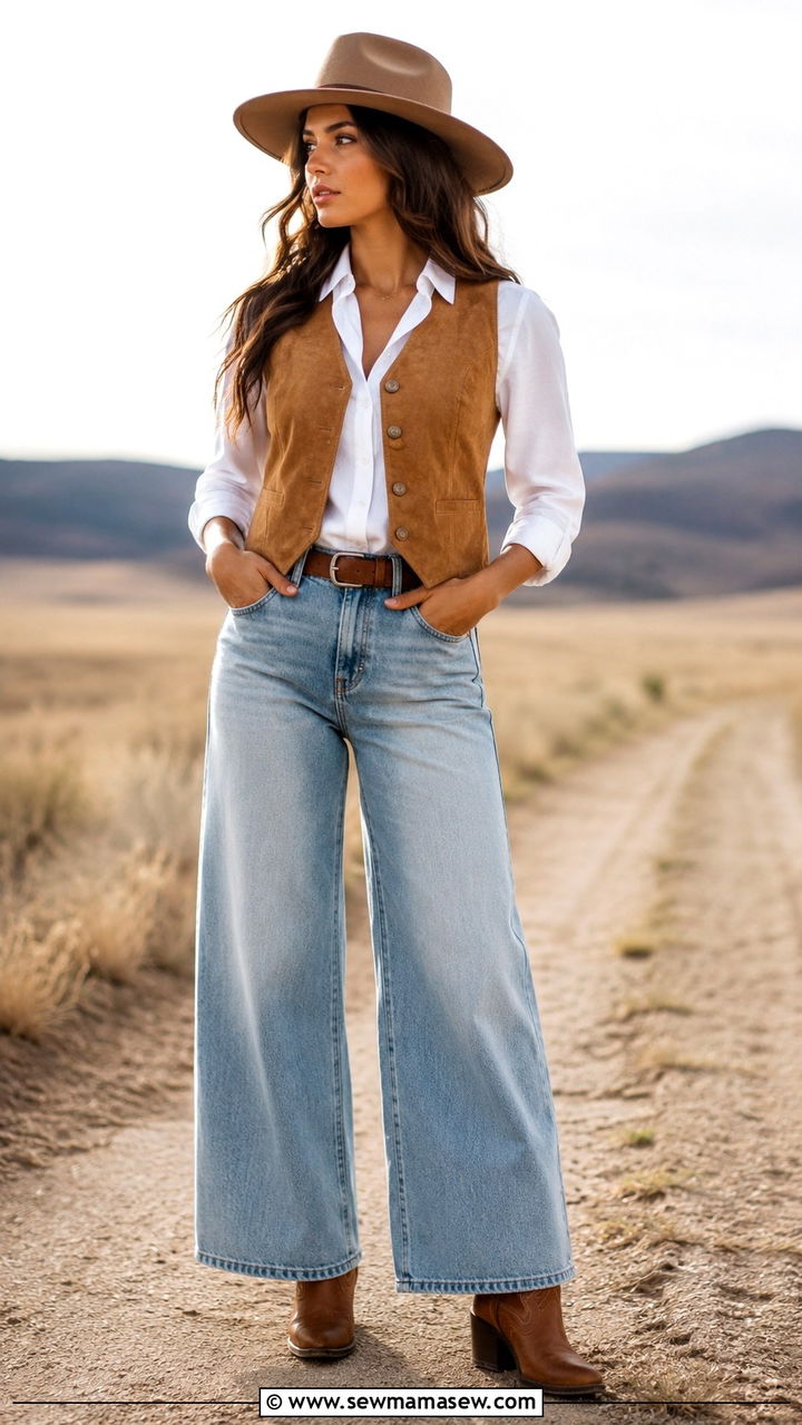Suede Vest With White Button Up Shirt And Wide Leg Jeans - 30 transitional western outfit ideas