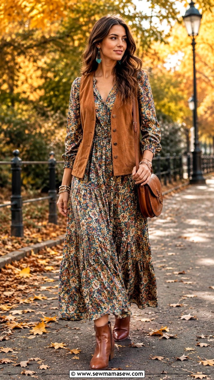 Suede Vest with Floral Maxi Dress - 30 classy boho chic outfit ideas