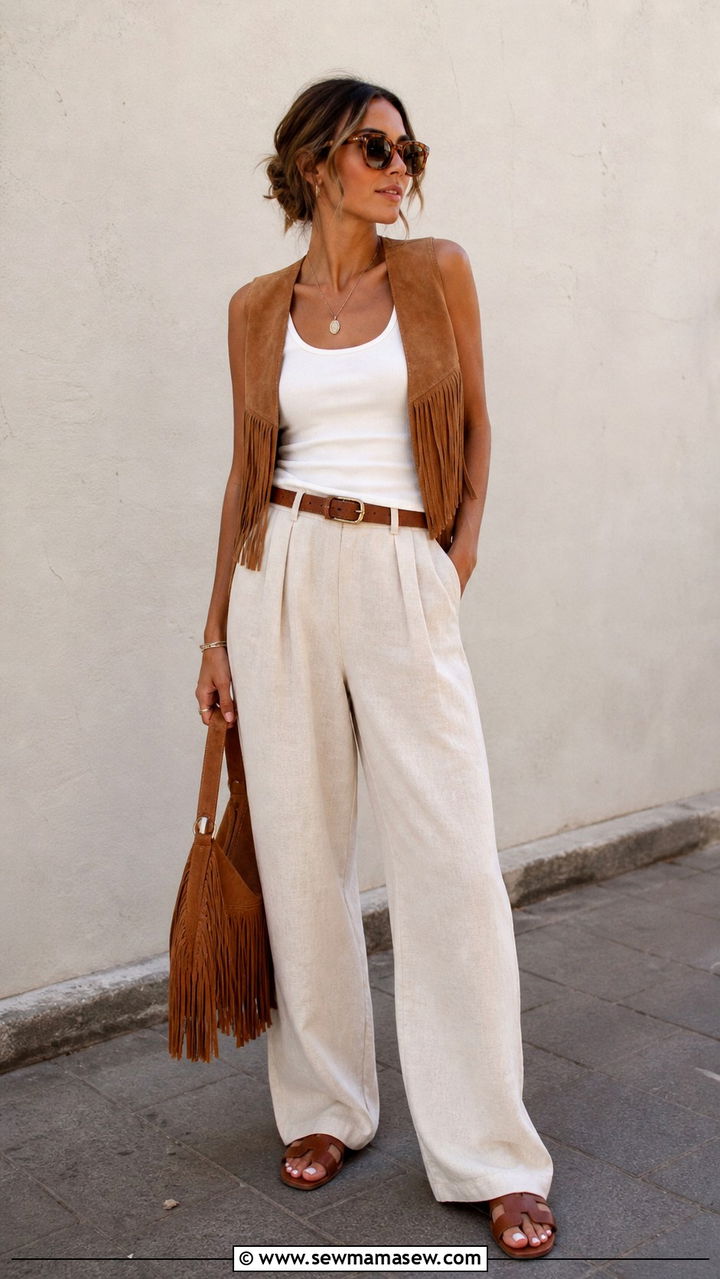Suede Vest with Linen Trousers - 40 Boho outfit ideas