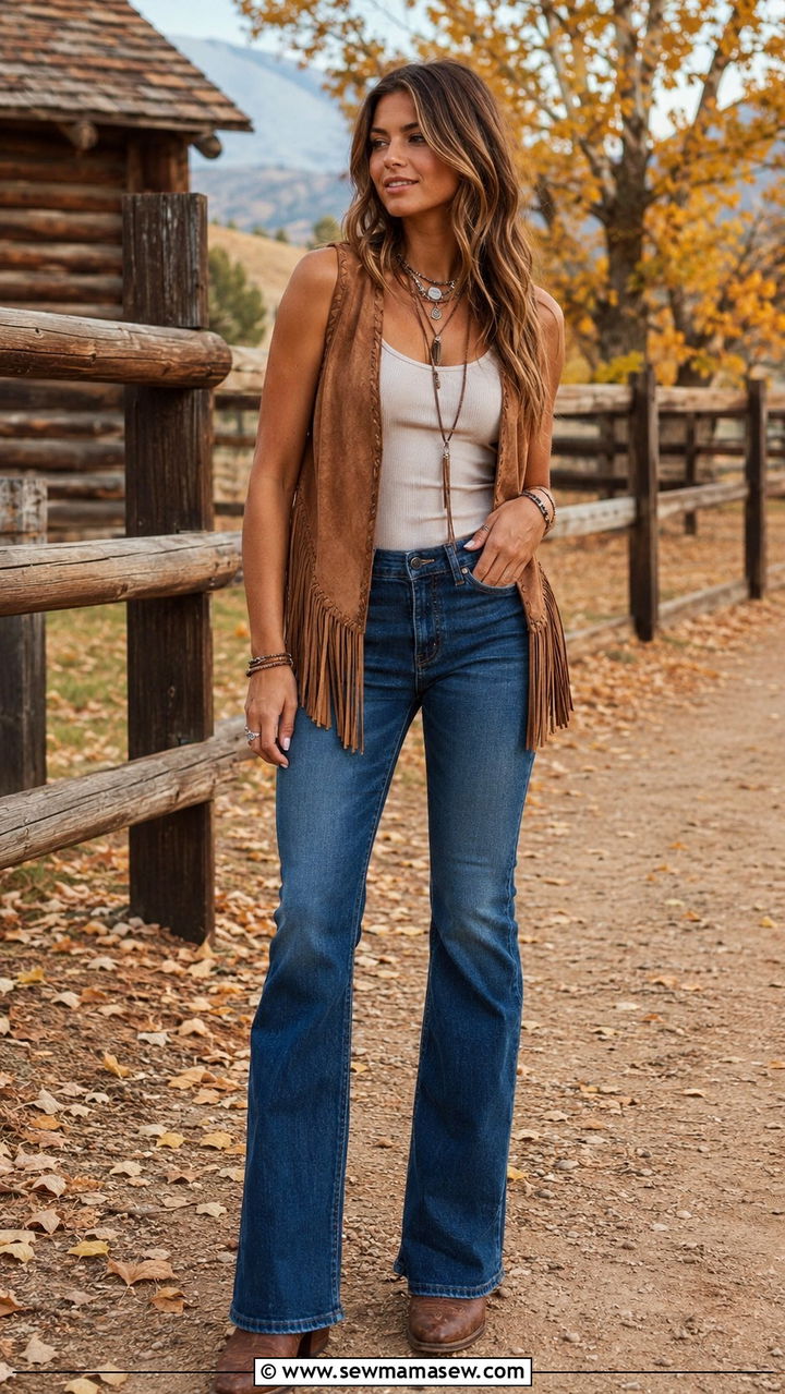 Suede Vest with Tank Top and Bootcut Jeans - 30 casual western outfits