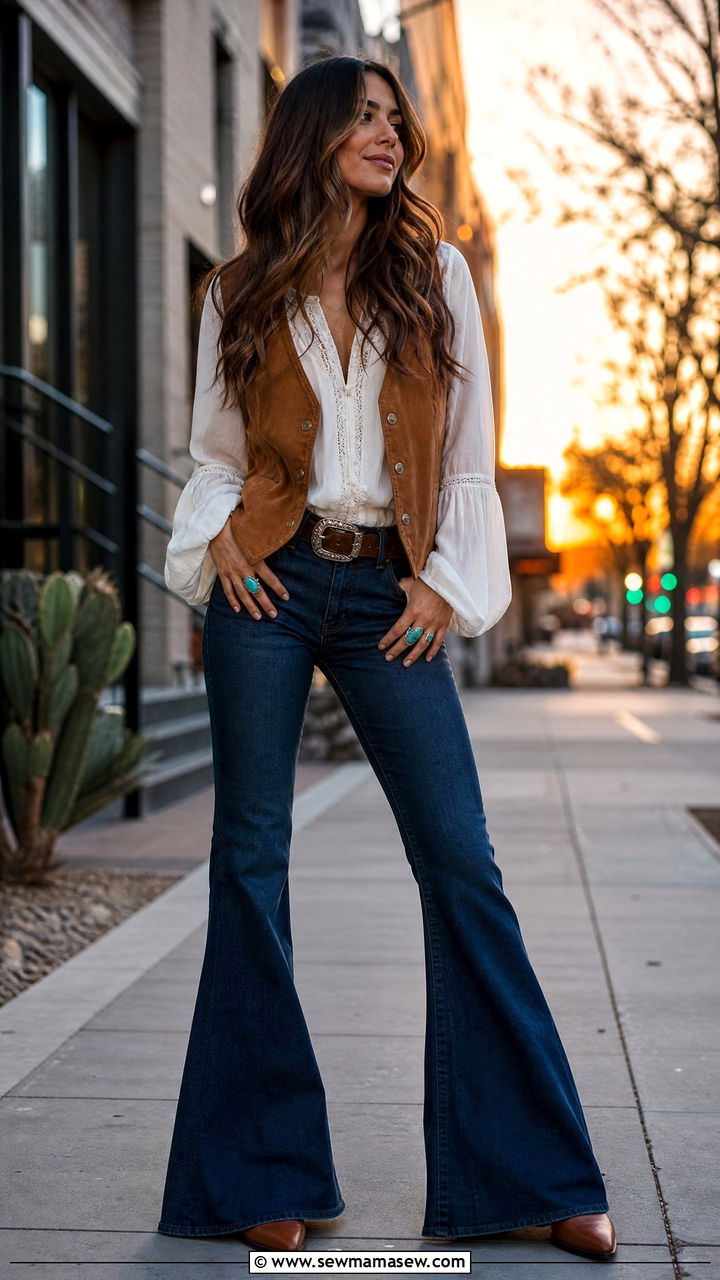 Suede Vest with White Blouse and Dark Flared Jeans - 30 Boho capsule wardrobe