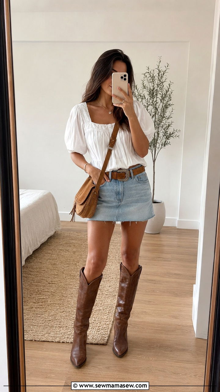 Suede Western Belt With a Denim Miniskirt - 30 Statement belt outfit ideas
