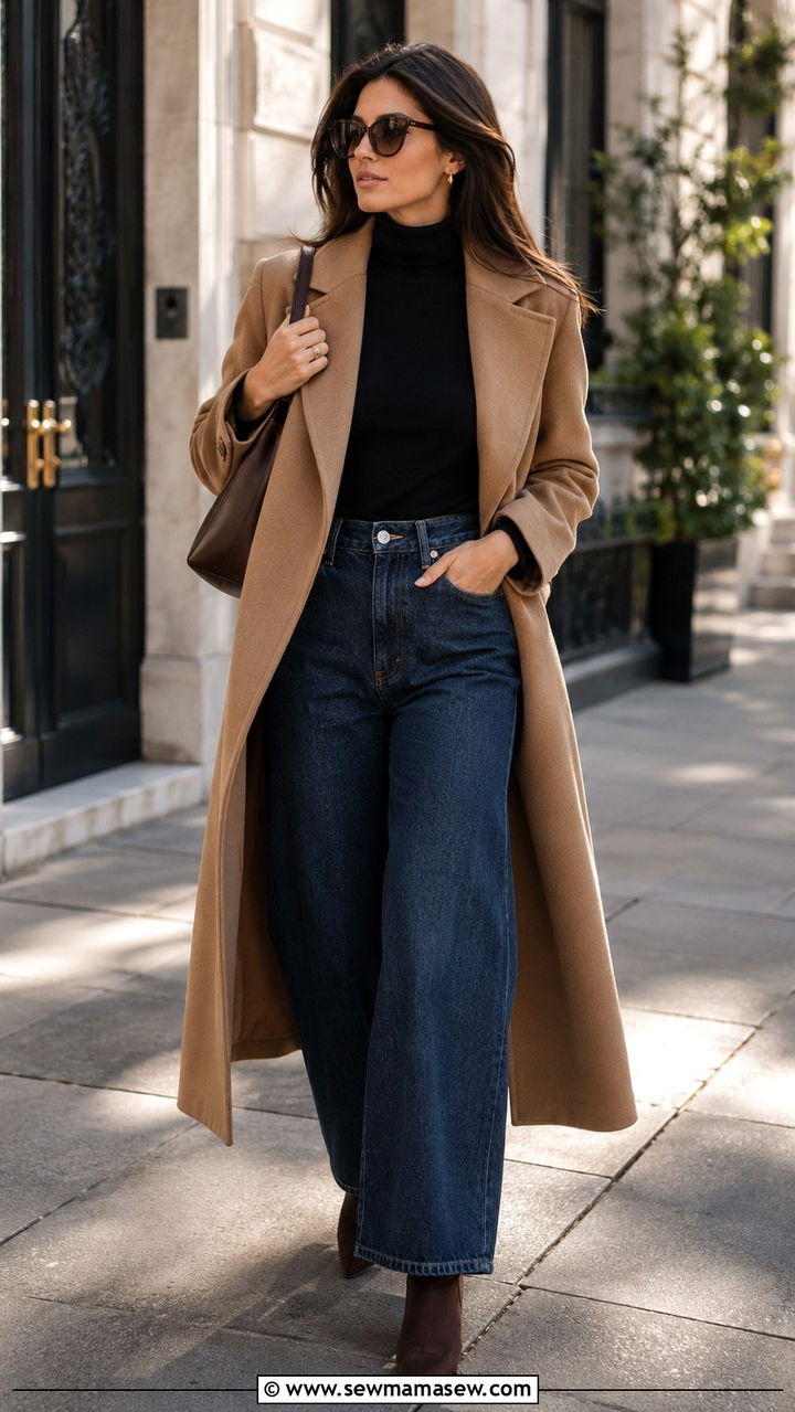 Suede ankle boots with wide leg jeans and turtleneck - 30 transitional boots outfit ideas