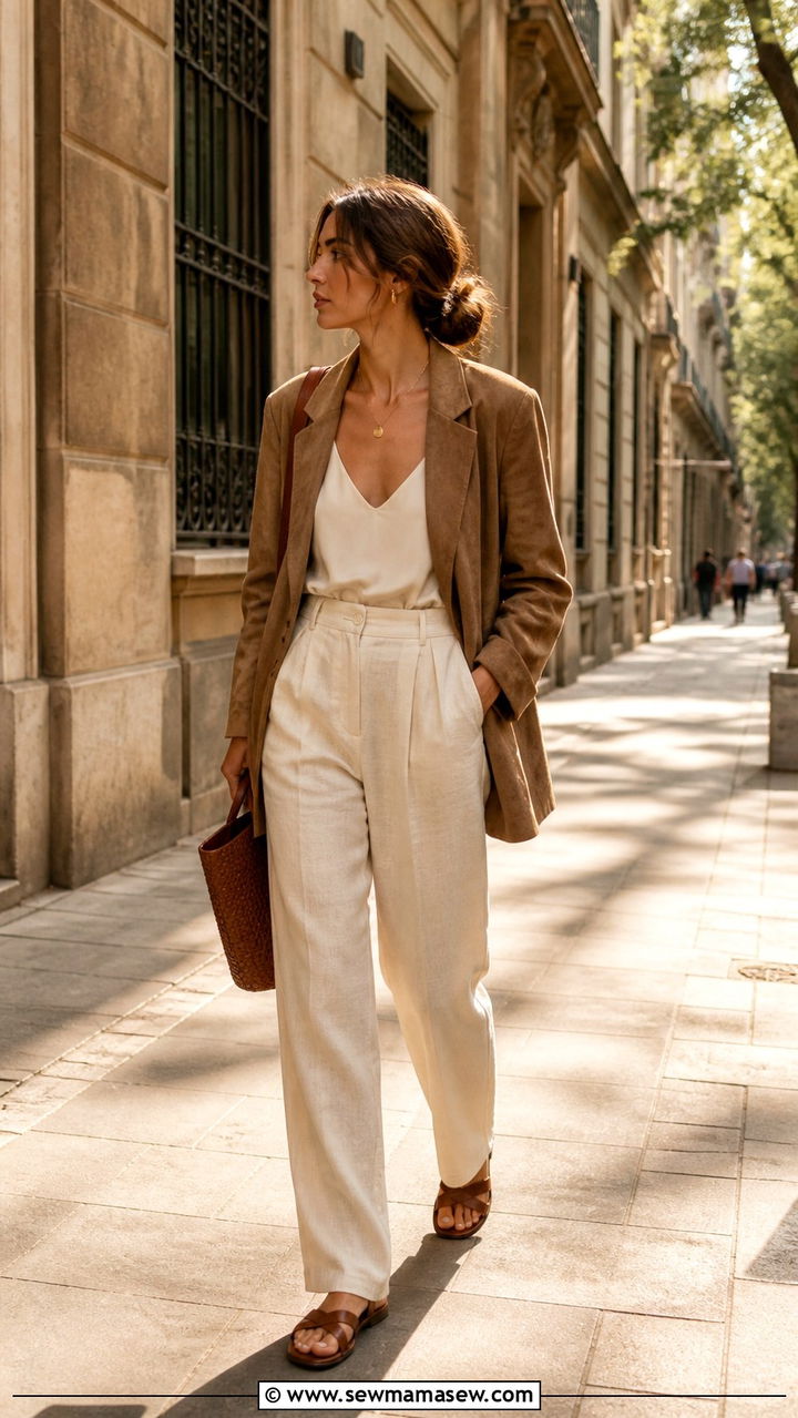 Suede blazer with linen trousers and leather sandals - 40 blazer outfits for women