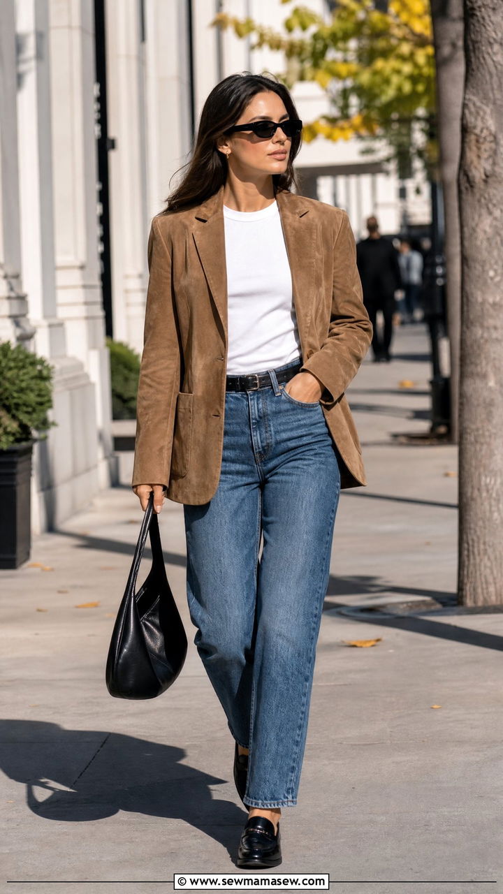 Suede blazer with straight leg jeans and loafers - 35 Kendall Jenner spring outfit ideas