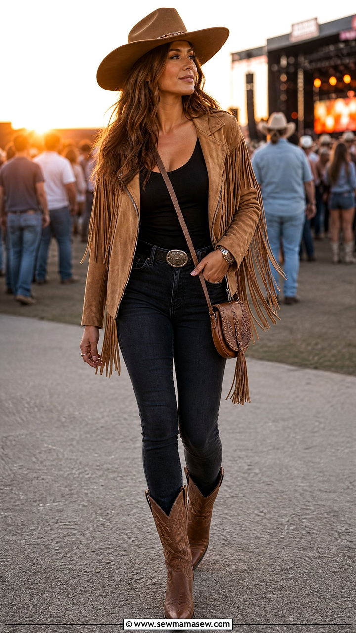 Suede fringe jacket and skinny jeans Morgan Wallen concert look - 30 Morgan Wallen concert outfit ideas
