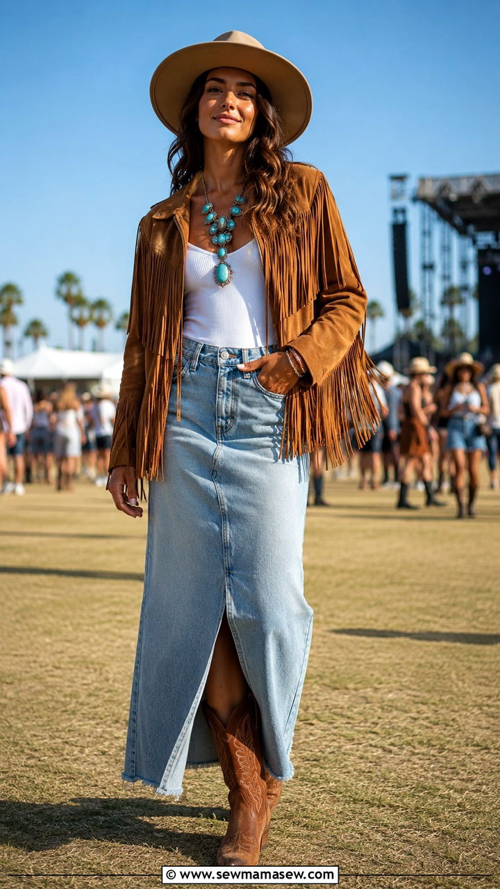 Suede fringe jacket long denim skirt with cowboy boots - 30 Long denim skirt outfit ideas with cowboy boots