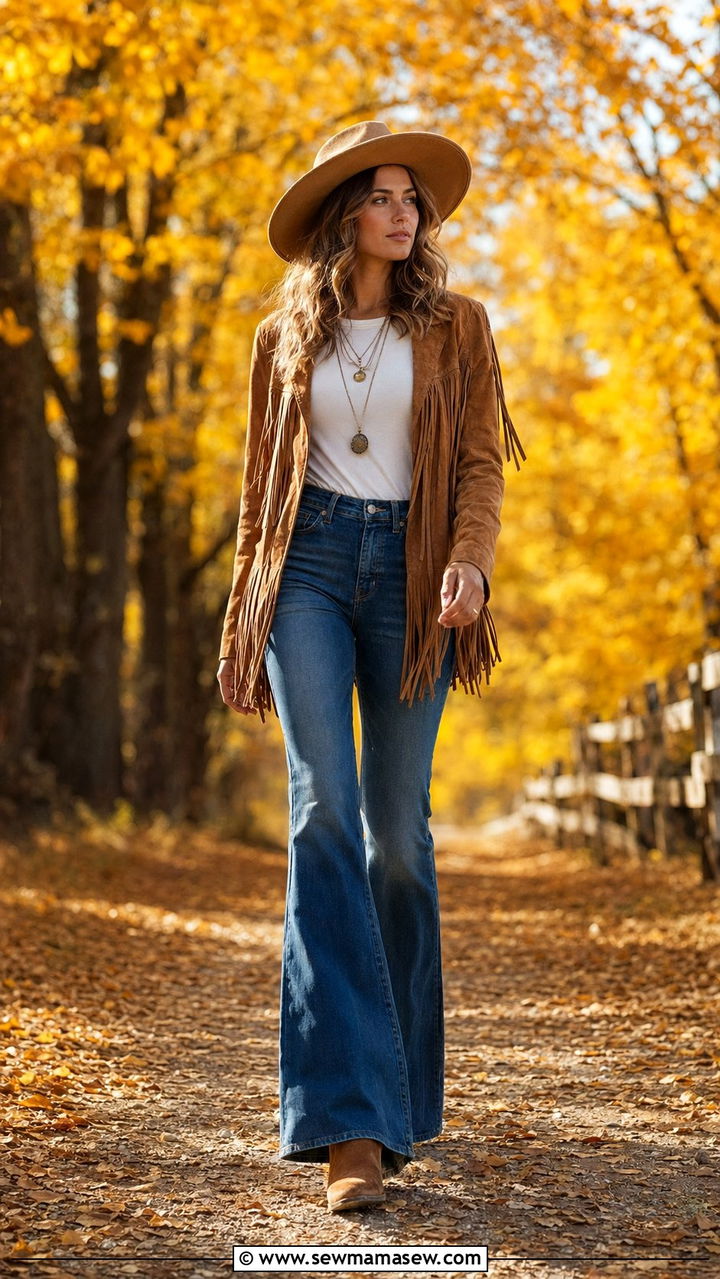 Suede fringe jacket with flared jeans outfit - 35 70s inspired outfits