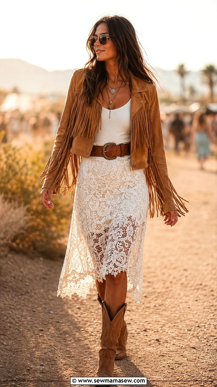 Suede fringe jacket with lace skirt - 25 Boho chic clothing ideas 2026
