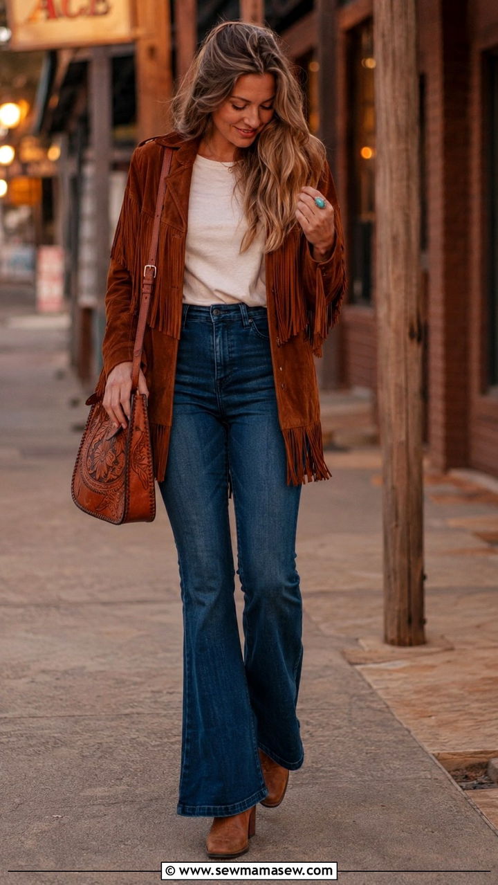 Suede fringe jacket with tee and flared jeans - 25 Boho outfit ideas with jeans