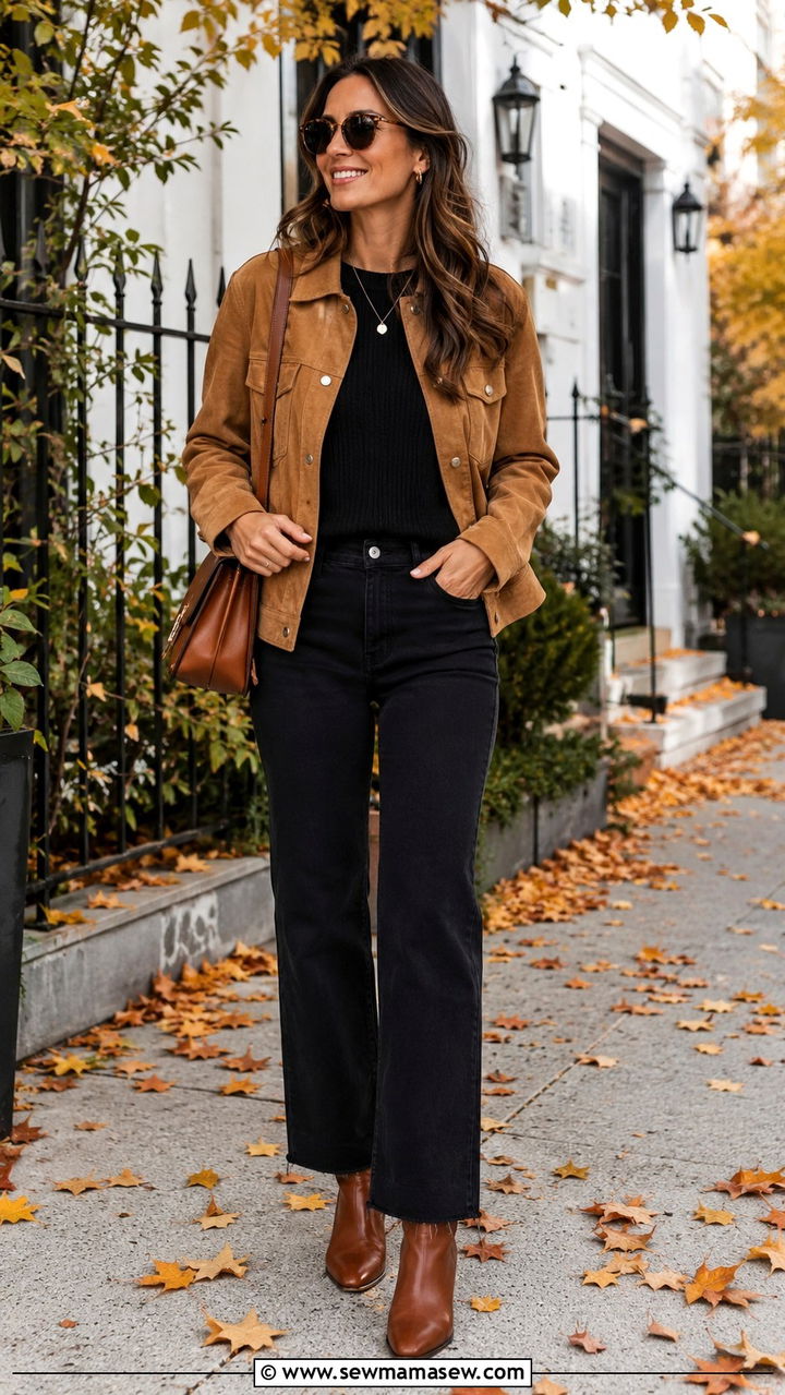 Suede jacket and black jeans - 25 windy day outfits trends