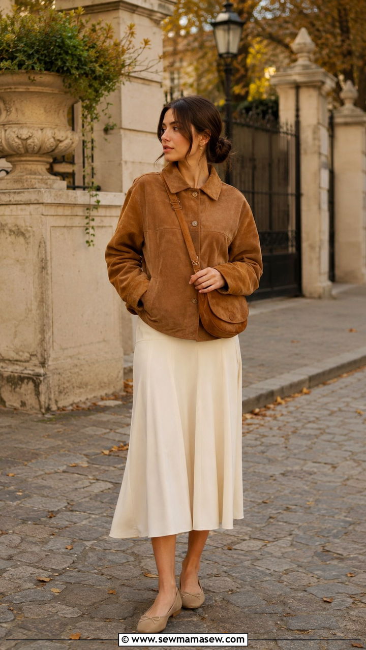 Suede jacket and cream midi skirt outfit - 30 casual Pinterest outfits