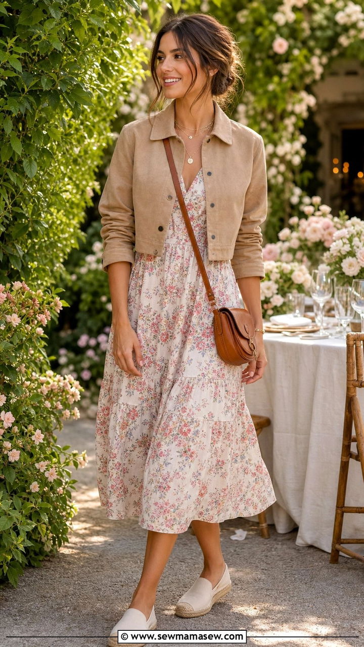 Suede jacket and floral dress outfit - 25 Spring suede outfits