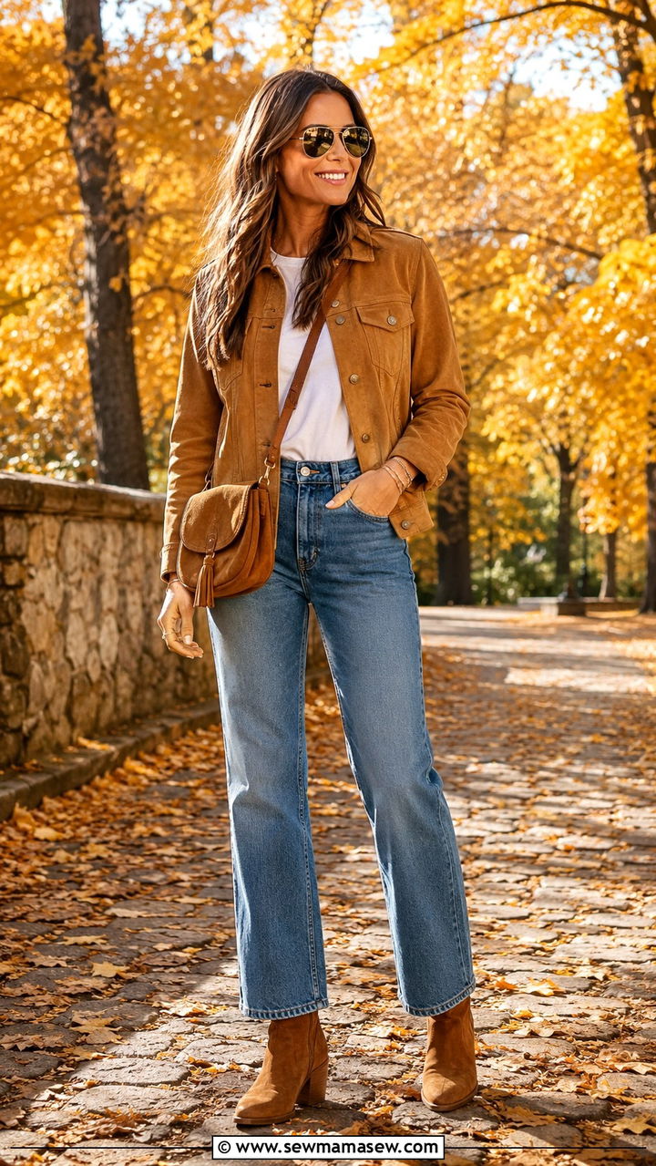 Suede jacket and jeans travel outfit - 30 Travel capsule wardrobe ideas