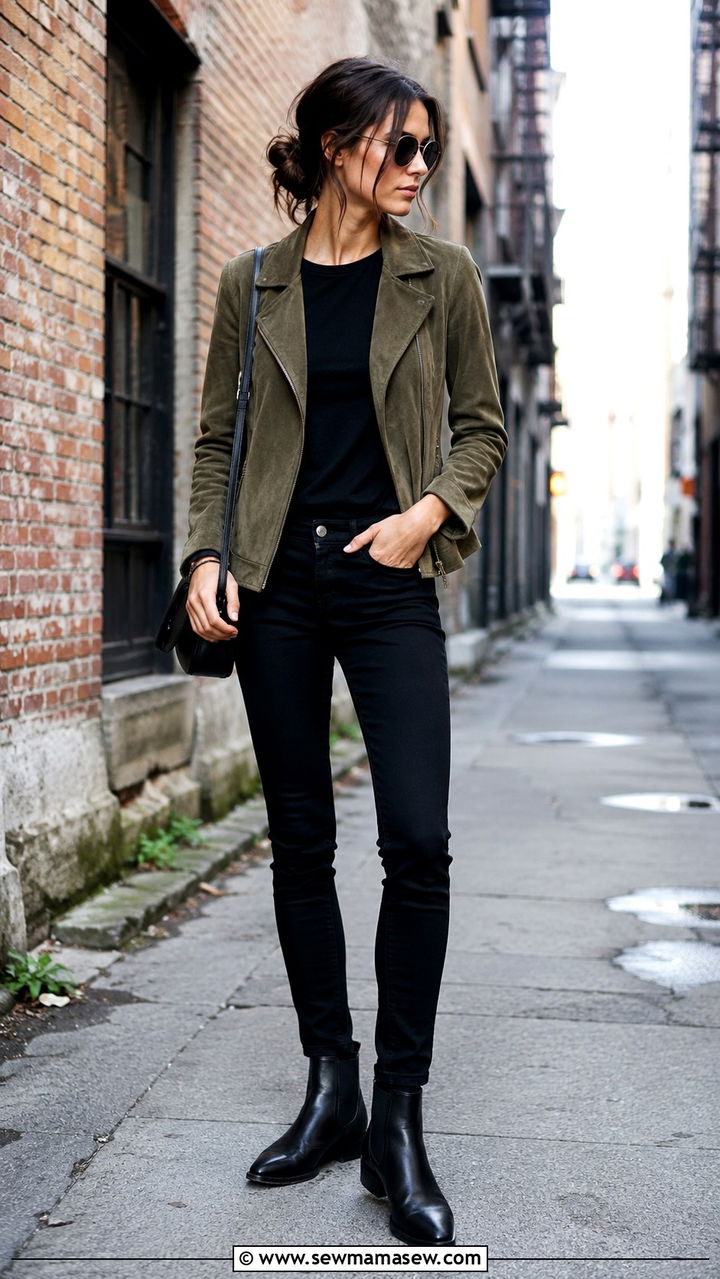 Suede jacket with black skinny jeans - 25 windy day outfits 2026