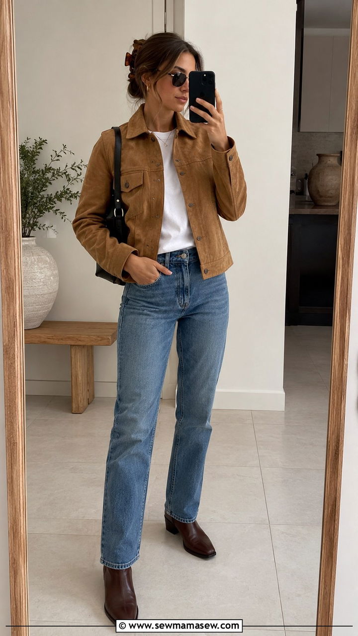 Suede jacket with blue jeans and shoulder bag - 30 Nepo baby outfit ideas