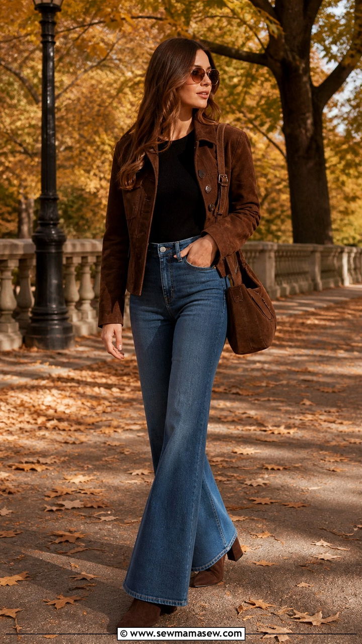 Suede jacket with flare jeans and heeled boots - 40 trendy outfits