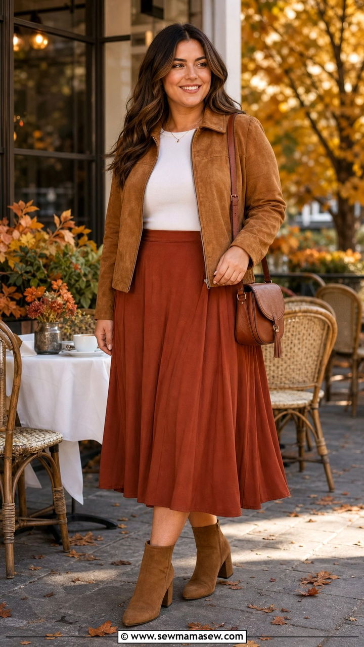 Suede jacket with flowing midi skirt - 35 Brunch outfits for midsize women