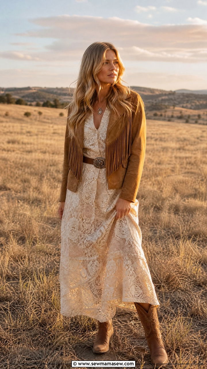 Suede jacket with lace maxi dress and western boots - 30 Maxi dress outfit ideas with a jacket