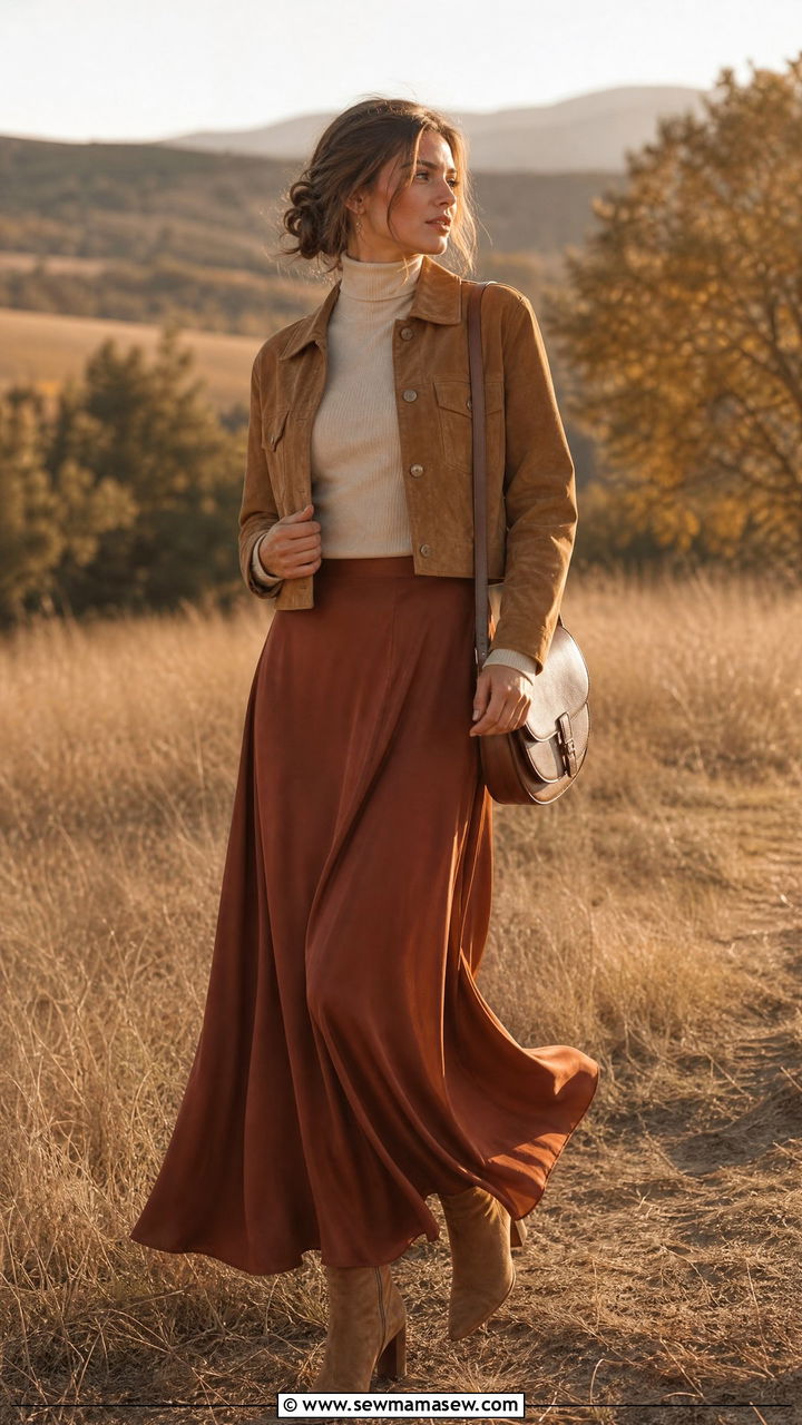 Suede jacket with maxi skirt outfit - 35 Layering outfits for changing weather