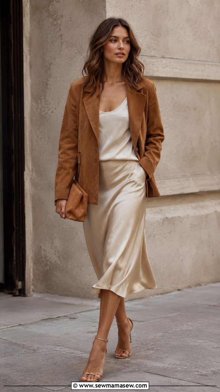 Suede jacket with midi skirt outfit - 30 jacket outfits 2026
